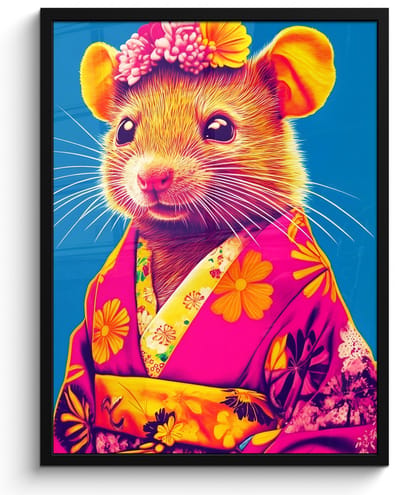 Poster in lijst - Fotolijst 50x70 cm - Posters - Muis - Kimono - Bloemen - Blauw - Posterlijst zwart - Decoratie - Wanddecoratie woonkamer - Muurdecoratie slaapkamer