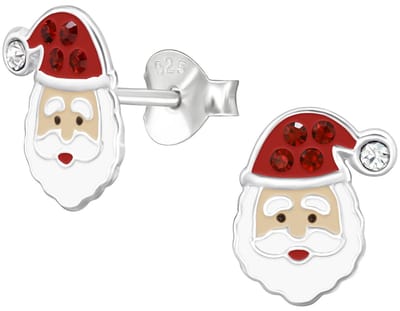 Joy|S - Zilveren kerst oorbellen - 7 x 9.5 mm - zilver rood wit met kristalletjes - kerstman kinderoorbellen