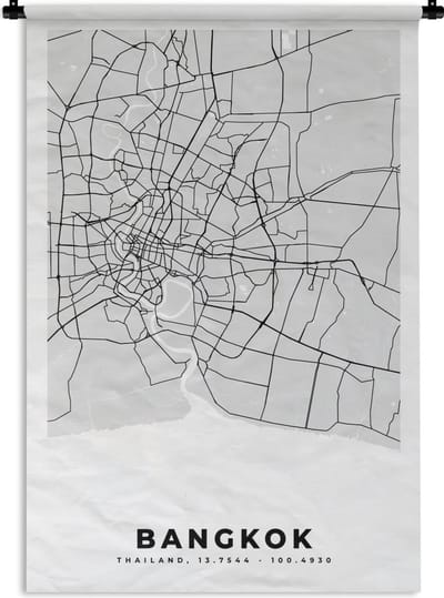 Wandkleed - Wanddoek - Bangkok - Stadskaart - Plattegrond - Zwart Wit - Kaart - 120x180 cm - Wandtapijt