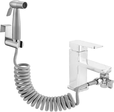 Famanu - Zilverkleurige bidet handdouchekit met kraanadapter en veerslang, roestvrij staal