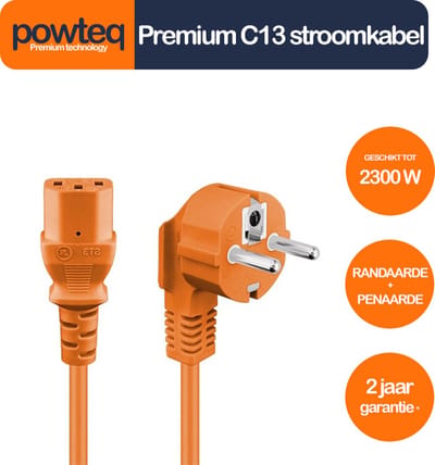 Powteq - 2 meter premium stroomkabel - Schuko naar C13 - Oranje - Tot 10 ampère