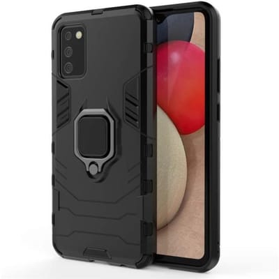 Hoesje voor Samsung Galaxy A02s - Schokbestendig - Zwart - Draaibare ring - PC + TPU - Gemengd zwart