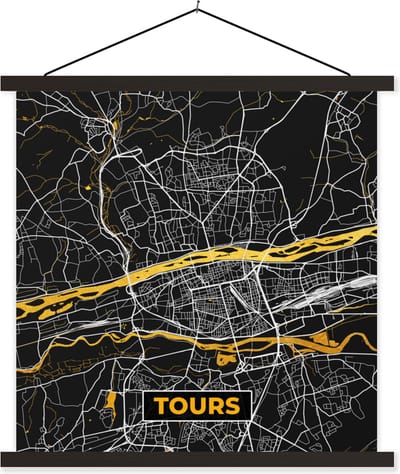 Posterhanger incl. Poster 60x60 cm - Schoolplaat - Kaart – Stadskaart – Tours - Plattegrond – Frankrijk - Textielposter - Zwarte latten - Stadskaart