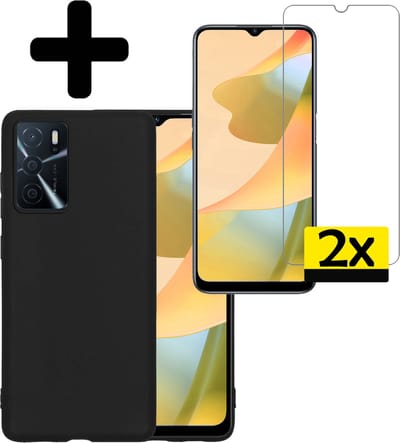 Hoesje - Met 2x Screenprotector - Geschikt voor OPPO A16s - Sterk & Shockproof - Back Cover - Siliconen Case - Telefoon Hoes - Telefoonhoesjes - Zwart