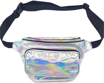 KIMU® Zilveren Holografische Heuptas - Fanny Pack Met Twee Vakken - Zwarte Band - Tasje Heuptasje Festival