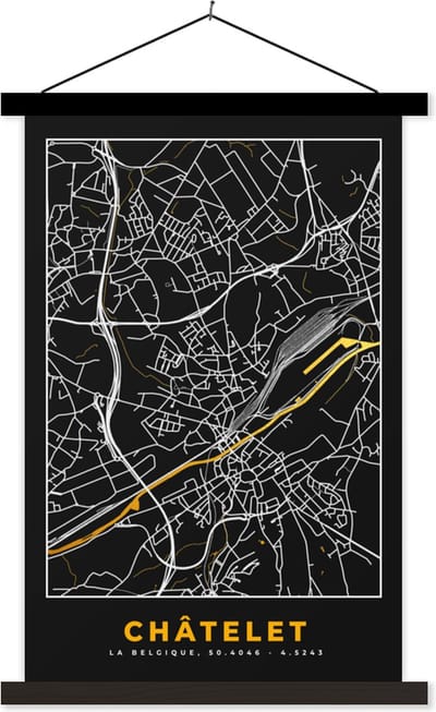 Posterhanger incl. Poster 40x60 cm - Schoolplaat - Châtelet - Kaart - Goud - Plattegrond - Stadskaart - Textielposter - Zwarte latten - Stadskaart