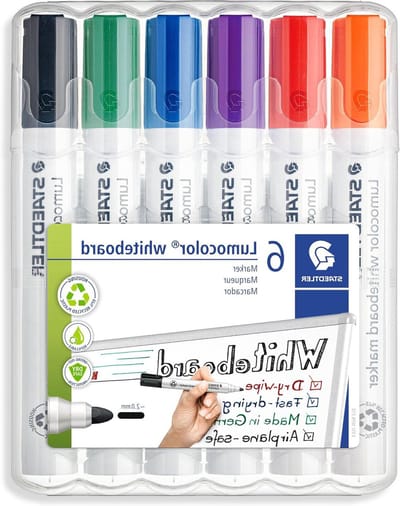Whiteboard-markers set van 6 - droog afneembaar - 2 mm lijnbreedte