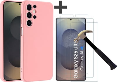 Hoesje geschikt voor Samsung Galaxy S25 Ultra hoesje zacht siliconen met 3 Stuks gehard glas Screenprotectors- Arara backcover - Licht Roze