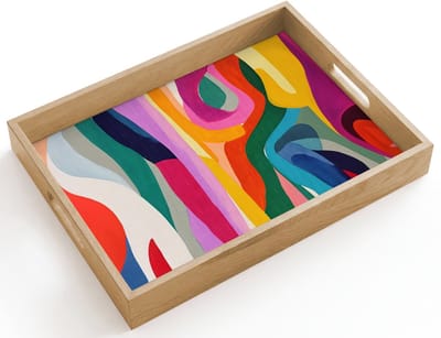 Dienblad hout 40x30 cm - Schootdienblad - Abstract - Kleurrijk - Golven - Lijnen - Borrelplank rechthoek - Plateau dienbladen
