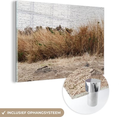 MuchoWow® Glasschilderij 150x100 cm - Schilderij acrylglas - Duin - Gras - Planten - Zomer - Foto op glas - Schilderijen