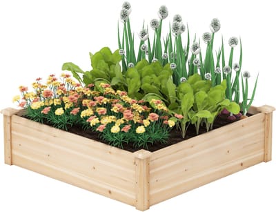 COSTWAY Bloembak verhoogd bloembed, hout, vierkant, tuinbed met open bodem, plantenbak voor tuin, gazon, terras, balkon, kruidenbed, dennenhout, 102 x 102 x 30 cm, naturel