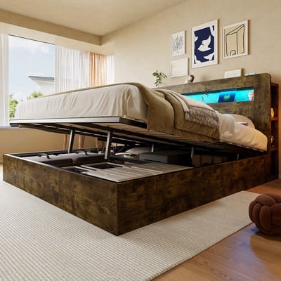 HAUSS SPOLE Bedframe 180x200 cm - Met Hydraulische Opbergruimte, Led En Stopcontacten - Zonder Matras - Houtkleur