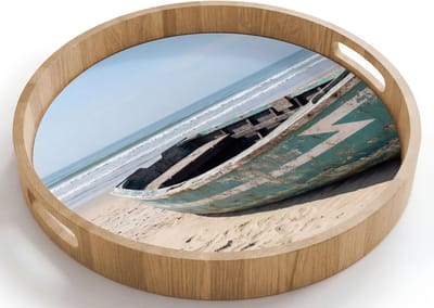 Dienblad rond 40x40 cm - Schootdienblad hout - Boot - Zandstrand - Zee - Borrelplank rechthoek - Plateau houten dienbladen