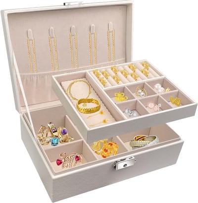 Dames sieradendoosje - Draagbare organizer voor reissieraden - 2-laags met slot en sleutel - Wit