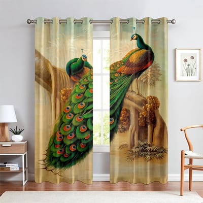 2 STUKS Vintage Pauw Bloemenpatroon Bedrukte Gordijnen, Slaapkamer Woonkamer Keuken Tunnelzak Comfortabele Decoratieve Gordijnen W50xH140(CM)x2PCS&Rod pocket beige