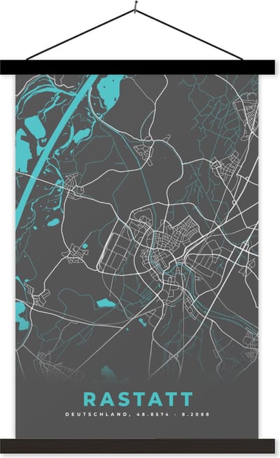 Posterhanger incl. Poster 40x60 cm - Schoolplaat - Blauw – Duitsland – Plattegrond – Stadskaart – Kaart – Rastatt - Textielposter - Zwarte latten - Stadskaart