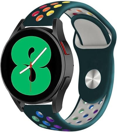 Strap-it Sport bandje - geschikt voor Samsung Galaxy Watch 7 (40 & 44mm) / Galaxy Watch 6 (Classic) / Galaxy Watch 5 / 5 Pro / Watch 4 / 4 Classic / Watch FE - sport siliconen bandje voor Galaxy Watch 4-5-6 alle varianten - dennengroen/kleurrijk