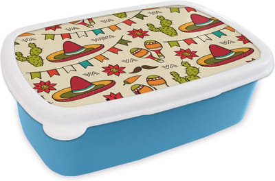 Broodtrommel Blauw - Lunchbox - Brooddoos - Mexico - Cactus - Patronen - 18x12x6 cm - Kinderen - Jongen