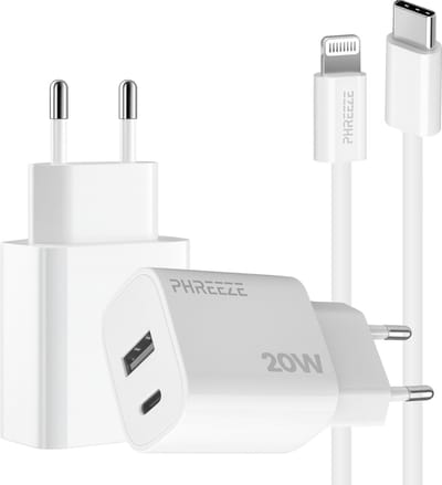Phreeze usb C adapter 20 W met kabel geschikt voor iPhone 14 13 12 11 en iPad met Lightning kabel - Power Delivery snellader met 2 poorten