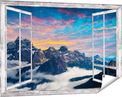 Gards Tuinposter Doorkijk Bergen Landschap met Wolken in Italië - 120x80 cm - Tuindoek - Tuindecoratie - Wanddecoratie buiten - Tuinschilderij