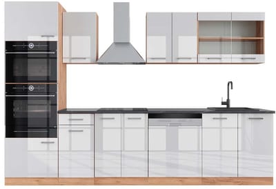 Vicco R-Line Complete keukeneenheid – 300 cm met hoge kast, WB Antraciet Wit hoogglans/goud power eiken