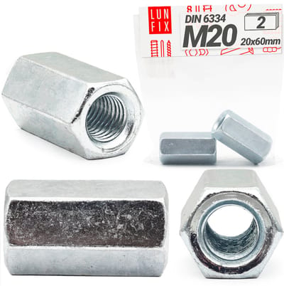 LUN FIX - Draadmoer M20 x 60mm - 2 stuks - DIN 6334 - Verzinkt staal - Afstandsmoer