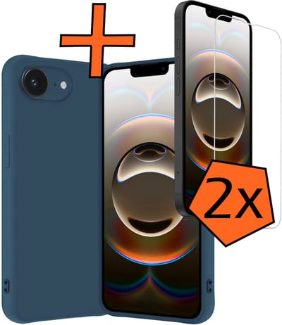 Hoes - Met 2x Screenprotector - Geschikt voor Apple iPhone 16e - Sterk & Shockproof - Back Cover - Siliconen Case - Telefoon Hoes - Donkerblauw