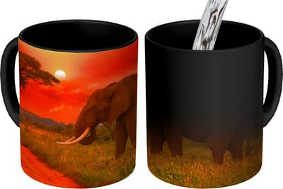 Magische Mok - Foto op Warmte Mokken - Koffiemok - Olifant - Zonsondergang - Oranje - Savanne - Dieren - Magic Mok - Beker - 350 ML - Theemok