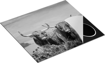 Chefcare Inductie Beschermer Twee Schotse Hooglanders bij een Meer - Zwart Wit - 60x50 cm - Afdekplaat Inductie - Kookplaat Beschermer - Inductie Mat