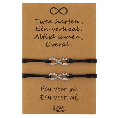 Vriendschapsarmbandjes voor 2 " Twee Harten, Een Verhaal ∞" - Oneindigheidsteken - BFF Armbandjes met Persoonlijk Cadeau Kaartje - Zilverkleurig - Elastisch Verstelbaar - Pax Amare