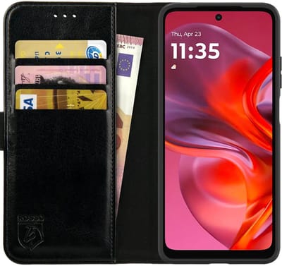 Rosso Element Geschikt voor Motorola Moto E15 | Wallet Book Case | Portemonnee Hoesje | 3 Pasjes | Magneetsluiting | Stand Functie | Zwart