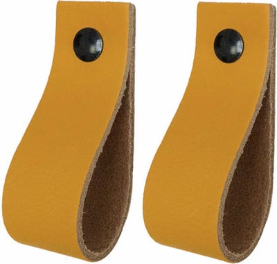 2x Leren handgrepen 'de lus' XS - OKERGEEL (12,6 x 2,5 cm) - incl. 3 kleuren schroefjes (handgreepjes - leren grepen - greepjes - leren lusjes)