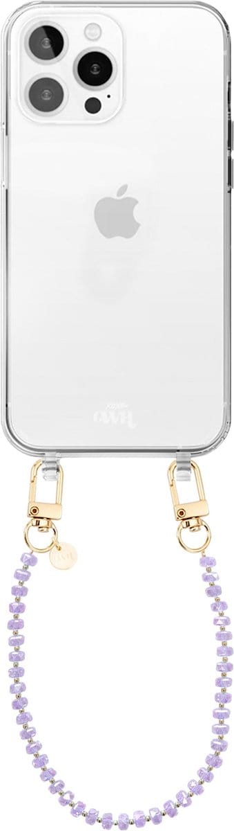 xoxo Wildhearts siliconen hoesje geschikt voor iPhone 16 Pro Max hoesje - Crystal (Paars) - Telefoonhoesje - Hoesje met koord - Kristal ketting - Kristallen met gouden details - kort telefoonkoord - Transparant hoesje