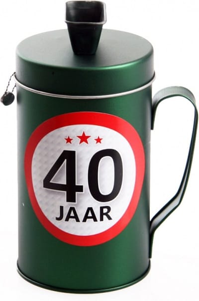 Spaarpot - 40 jaar geworden thema - verjaardag cadeau - Blik met sticker van 9 cm - blik in groen