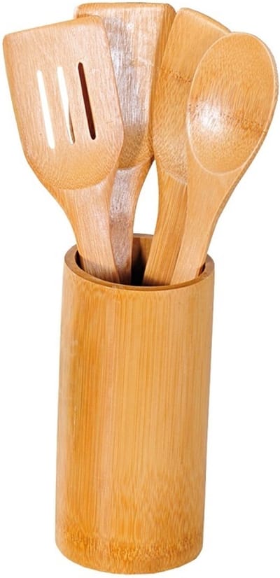 FSC® Bamboe 5-delige Houten Keukenset - Houten Keukengerei inclusief Ronde Houder - Spatel - Pollepel - etc. - (5 Delig)