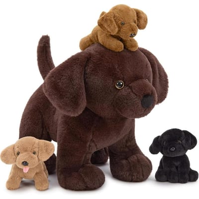 4 Stuks Lab Knuffeldieren 16 Knuffelbare Chocolade Mama Labrador Hond met 3 Verborgen Puppies Pluche Speelgoed Zwart Geel Donkerbruin United States black