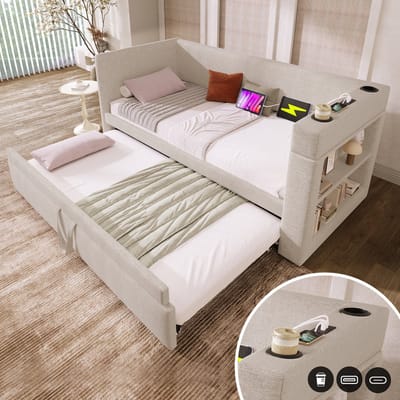 Slaapbank 90x190 cm - eenpersoonsbed met uitschuifbaar bed - armleuningen met USB- en Type-C-oplaadpoorten en bekerhouders - beige - zonder matras