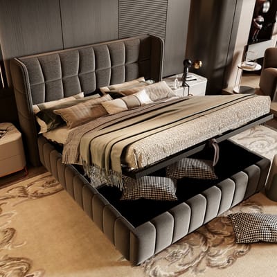 MODFU Gestoffeerd Bed Met Opbergruimte - Hefmechanisme En Hoofdbord - Modern - Slaapkamer - Stof - Grijs - 180 x 200 cm