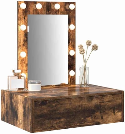 Wandkaptafel met LED - Schoonheidstafel Bureau - Make-up Opbergen - Geïntegreerde Verlichting - 60x40x70 cm - Gerookt Eiken
