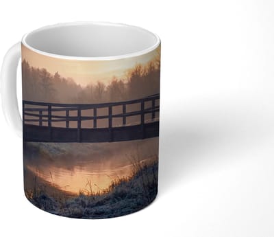 Mok - Koffiemok - Brug - Mist - Bomen - Water - Mokken - 350 ML - Beker - Koffiemokken - Theemok