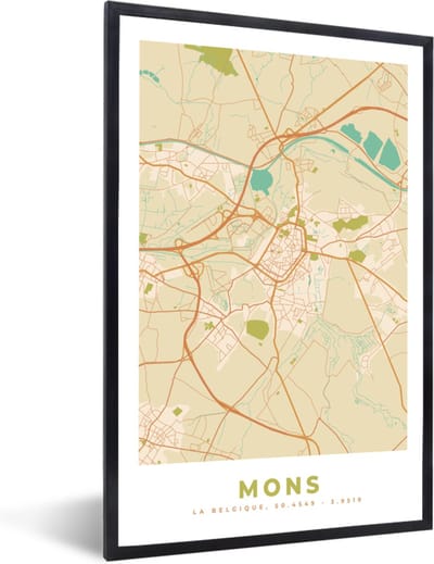 Fotolijst incl. Poster - Plattegrond - Kaart - België - Stadskaart - Vintage - Mons - 40x60 cm - Posterlijst