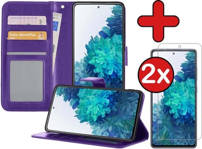 Hoesje - Met 2x Screenprotector - Geschikt voor Samsung Galaxy S20 FE - Luxe Pasjeshouder - Flip Case - Bookcase Portemonee - Kunstleer Book Case - Flipcase Hoes - Book Cover - Walletcase - Portemonneehoes - Telefoonhoes - Paars