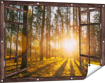 Gards Tuinposter Doorkijk Zonsopkomst in het Bos tussen de Bomen - 120x80 cm - Tuindoek - Tuindecoratie - Wanddecoratie buiten - Tuinschilderij
