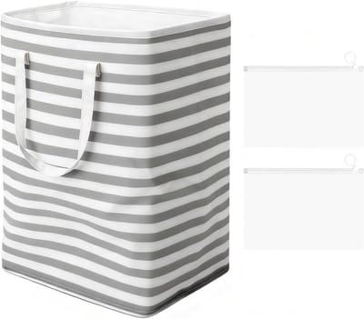 Wasmand, 75 l, grijs gestreept, opvouwbaar, met 2 ritssluitingen, opbergtas, waszak met handvat, grote wasmand, opvouwbare wasmand voor slaapkamer, badkamer, studentenwoning