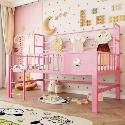 KOMHTOM - Kinderbed - 90 x 200 cm - laag hoogslaper - metalen frame - opbergvakken - geschikt voor kinderen en jongeren - roze