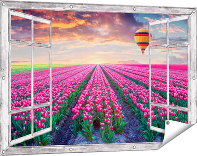 Gards Tuinposter Doorkijk Bloemenveld met Roze Tulpen - Luchtballon - 120x80 cm - Tuindoek - Tuindecoratie - Wanddecoratie buiten - Tuinschilderij