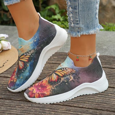 Ademende gebreide sneakers met vlinderprint voor dames Lente instappers platte hakken casual schoenen vrouw lichtgewicht loafers 43 brown