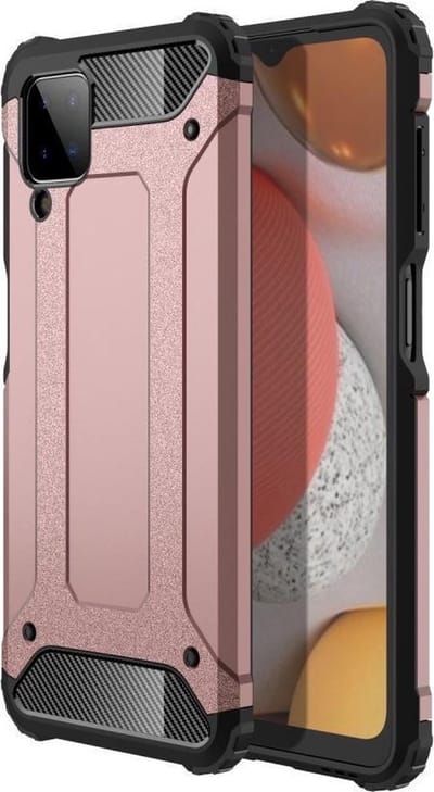 Schokbestendig Heavy Duty Hoesje Geschikt voor: Samsung Galaxy A12 Shock Proof Hybride - Back Cover - Dual Layer Armor Case - Extra Stevig - Rosegoud