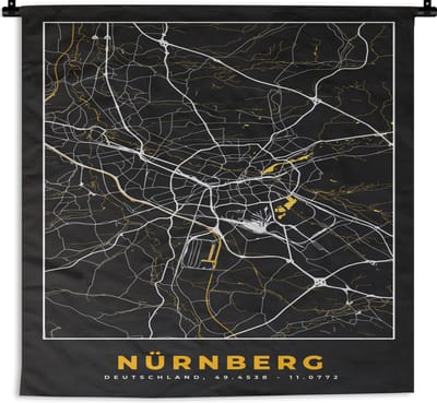Wandkleed - Wanddoek - Neurenberg - Stadskaart - Plattegrond - Kaart - Goud - Duitsland - 180x180 cm - Wandtapijt