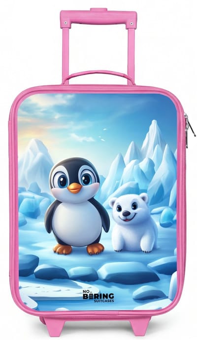 NoBoringSuitcases.com® - Kinderkoffer roze - Kindertrolley meisje - Pinguïn en ijsbeertje op ijsschotsen - Koffer kind lichtgewicht - Reiskoffer trolley voor kinderen - Koffertje met lichtgevende wieltjes - Rolkoffer